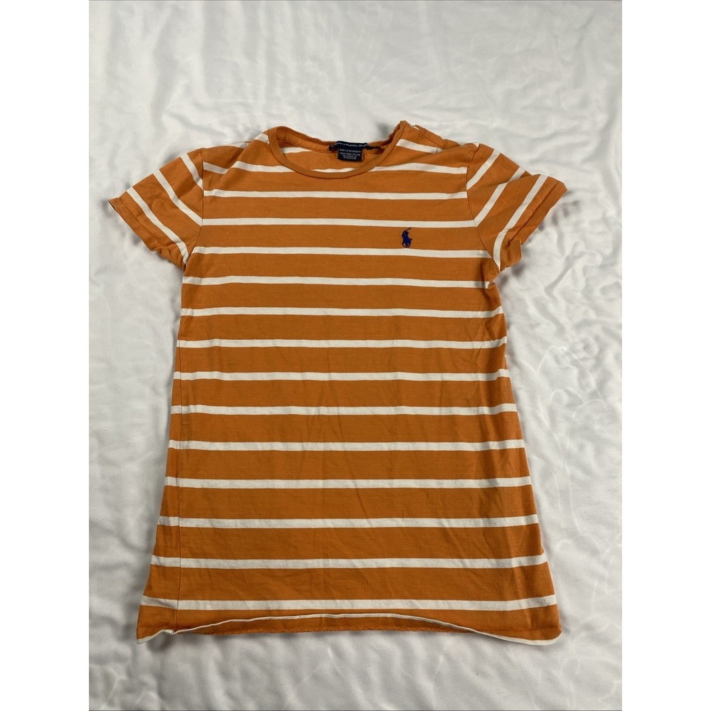 Ralph Lauren Sport Striped Tee Womens Small Orange Excellent Pima Cotton Logo